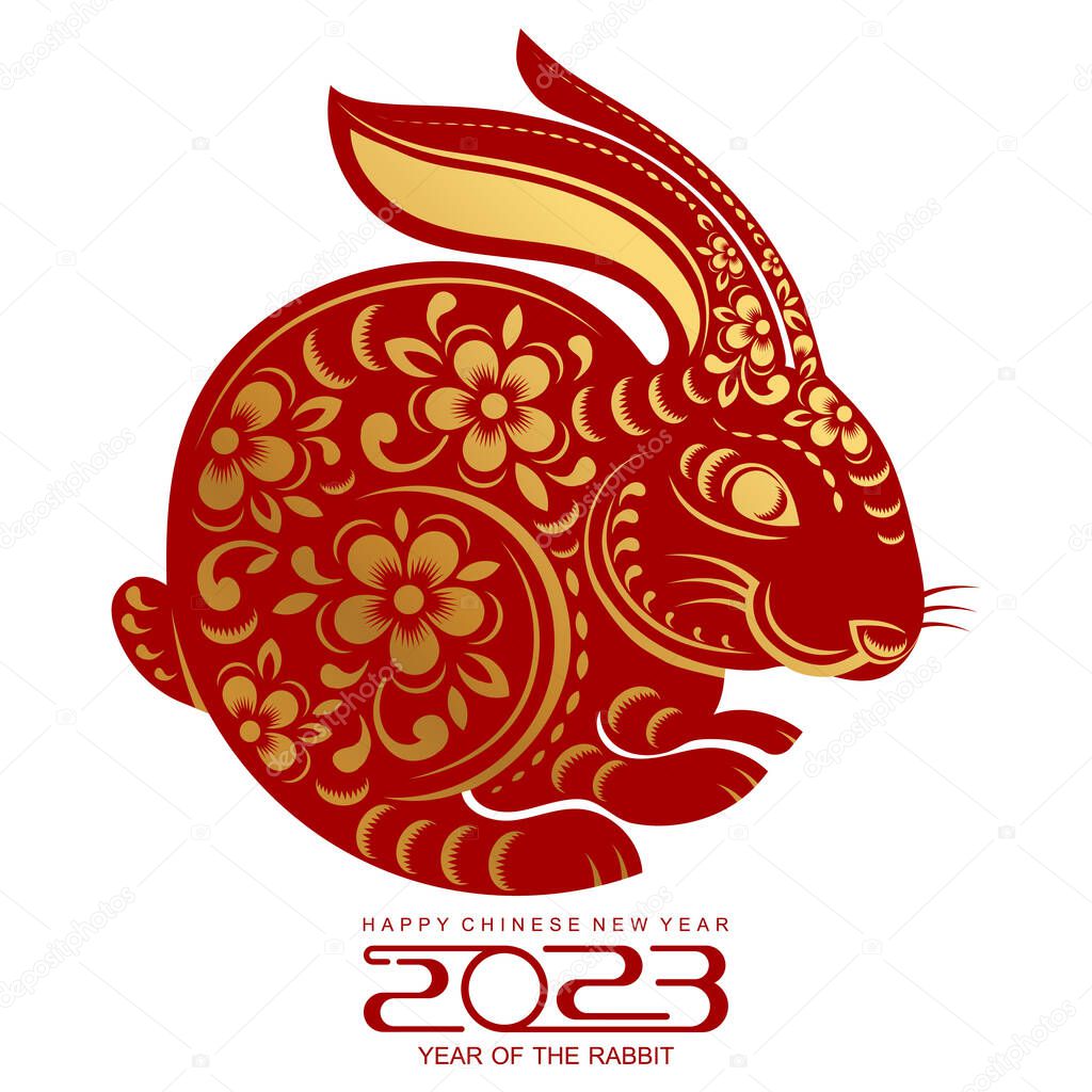 Happy chinese new year 2023 year of the rabbit zodiac sign, gong xi fa cai with flower,lantern,asian elements gold paper cut style on color Background. (Translation : Happy new year, rabbit year)
