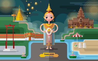 Tayland seyahati konsepti Tayland 'da ziyaret edilecek en güzel yerler düz tasarım renkleriyle.