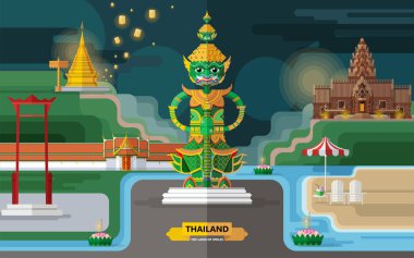 Tayland seyahati konsepti Tayland 'da ziyaret edilecek en güzel yerler düz tasarım renkleriyle.