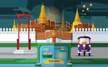 Tayland seyahati konsepti Tayland 'da ziyaret edilecek en güzel yerler düz tasarım renkleriyle.