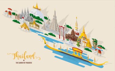 Tayland seyahati konsepti Tayland 'da ziyaret edilecek en güzel yerler düz tasarım renkleriyle.