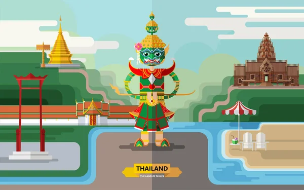 Thailand Reisekonzept Die Schönsten Sehenswürdigkeiten Thailand Flachen Stil Flacher Designfarbe — Stockvektor