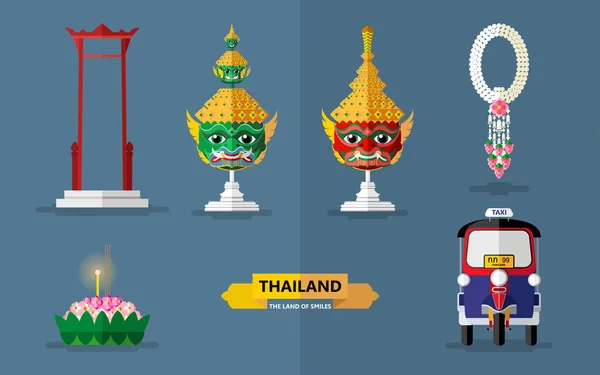 Thailand Reisekonzept Die Schönsten Sehenswürdigkeiten Thailand Flachen Stil Flacher Designfarbe — Stockvektor