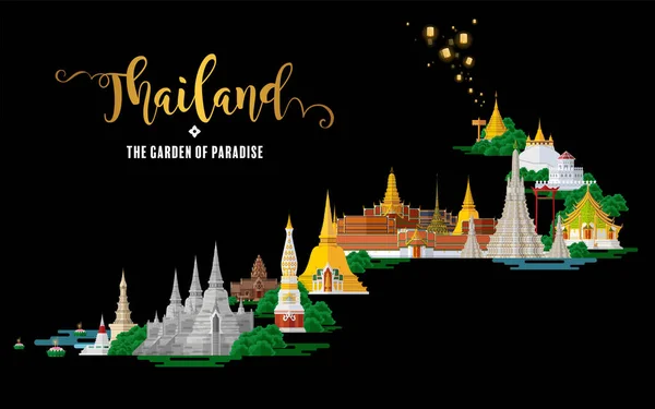 Thailand Travel Concept Most Beautiful Places Visit Thailand Flat Style — Archivo Imágenes Vectoriales