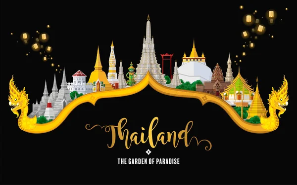 タイ旅行のコンセプト フラットデザインのフラットスタイルでタイを訪問する最も美しい場所色 — ストックベクタ