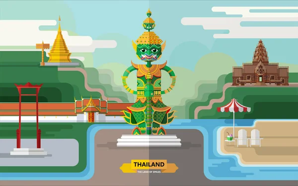 Thajsko Cestovní Koncept Nejkrásnější Místa Návštěvě Thajsku Plochém Stylu Barvě — Stockový vektor
