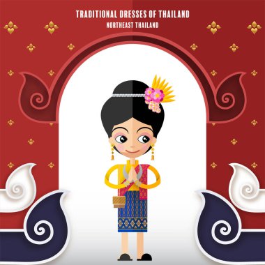 Sevimli çizgi film karakterleri geleneksel Tayland kıyafetleri içinde kız ya da kağıt arka planda düz tasarım renk tarzında Tayland geleneksel dans kostümü