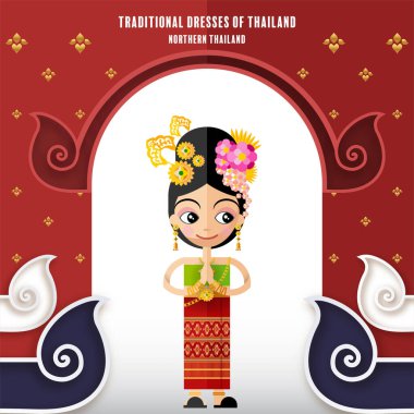 Sevimli çizgi film karakterleri geleneksel Tayland kıyafetleri içinde kız ya da kağıt arka planda düz tasarım renk tarzında Tayland geleneksel dans kostümü