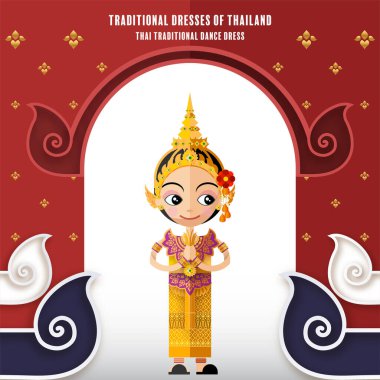 Sevimli çizgi film karakterleri geleneksel Tayland kıyafetleri içinde kız ya da kağıt arka planda düz tasarım renk tarzında Tayland geleneksel dans kostümü