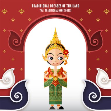 Sevimli çizgi film karakterleri geleneksel Tayland kıyafetleri içinde kız ya da kağıt arka planda düz tasarım renk tarzında Tayland geleneksel dans kostümü