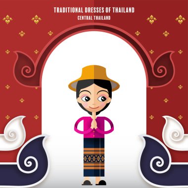 Sevimli çizgi film karakterleri geleneksel Tayland kıyafetleri içinde kız ya da kağıt arka planda düz tasarım renk tarzında Tayland geleneksel dans kostümü