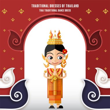 Sevimli çizgi film karakterleri geleneksel Tayland kıyafetleri içinde kız ya da kağıt arka planda düz tasarım renk tarzında Tayland geleneksel dans kostümü