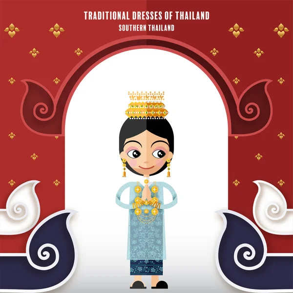 Söt Tecknad Tecken Flicka Traditionella Klänningar Thailand Eller Thai Traditionell — Stock vektor