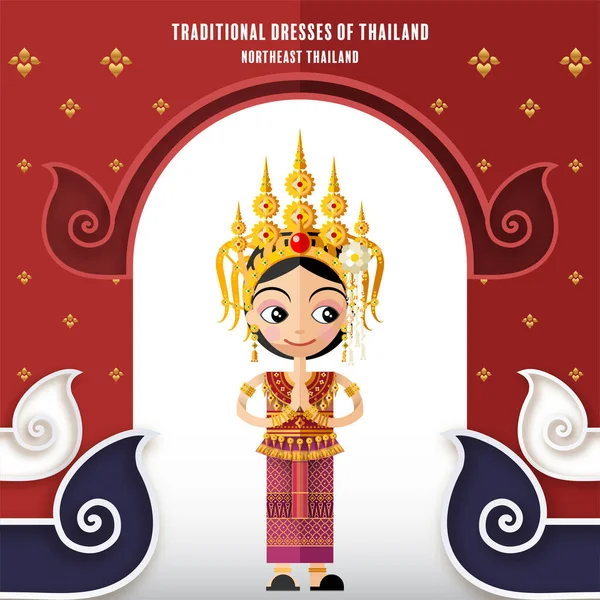 Sevimli çizgi film karakterleri geleneksel Tayland kıyafetleri içinde kız ya da kağıt arka planda düz tasarım renk tarzında Tayland geleneksel dans kostümü