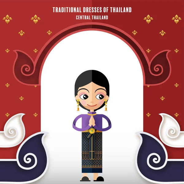 Bonito Personagens Desenhos Animados Menina Vestidos Tradicionais Tailandeses Tailandeses Traje — Vetor de Stock