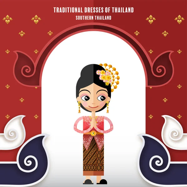 Bonito Personagens Desenhos Animados Menina Vestidos Tradicionais Tailandeses Tailandeses Traje — Vetor de Stock