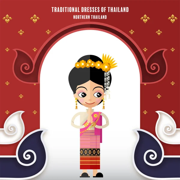 Sevimli çizgi film karakterleri geleneksel Tayland kıyafetleri içinde kız ya da kağıt arka planda düz tasarım renk tarzında Tayland geleneksel dans kostümü