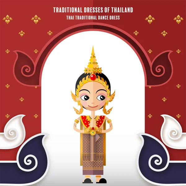 Cute Karakter Kartun Gadis Dalam Gaun Tradisional Dari Thailand Atau - Stok Vektor