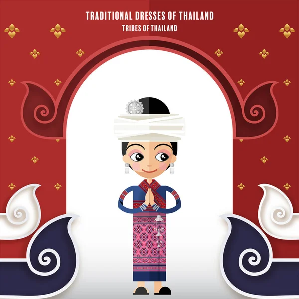 Linda Chica Personajes Dibujos Animados Vestidos Tradicionales Tailandia Tailandés Traje — Archivo Imágenes Vectoriales