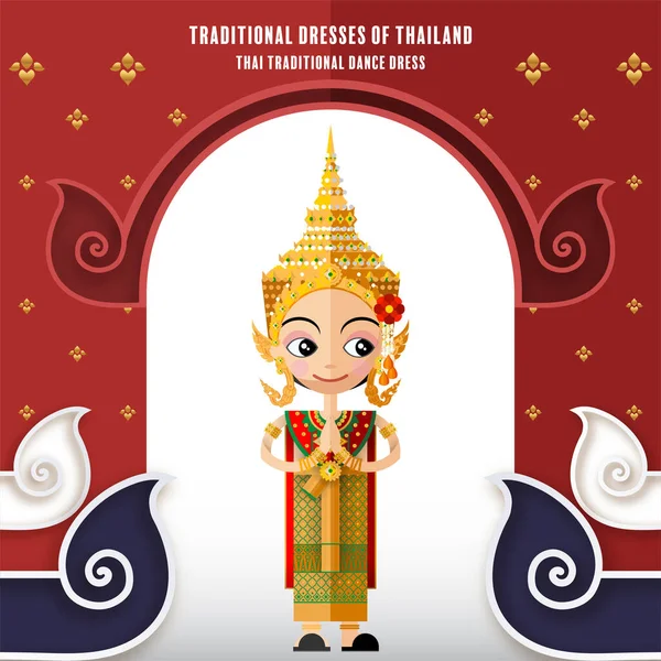 Söt Tecknad Tecken Flicka Traditionella Klänningar Thailand Eller Thai Traditionell — Stock vektor