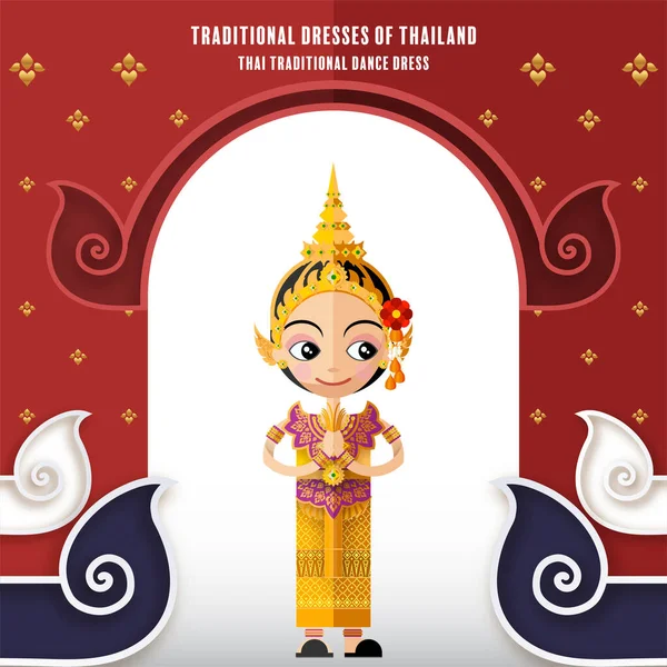 Sevimli çizgi film karakterleri geleneksel Tayland kıyafetleri içinde kız ya da kağıt arka planda düz tasarım renk tarzında Tayland geleneksel dans kostümü