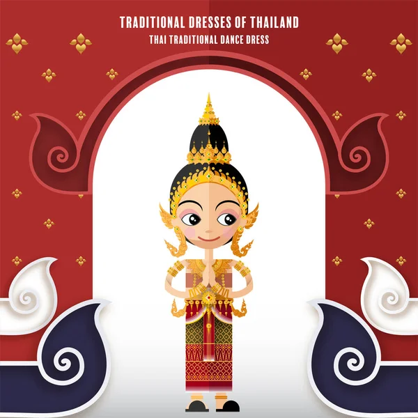 Sevimli çizgi film karakterleri geleneksel Tayland kıyafetleri içinde kız ya da kağıt arka planda düz tasarım renk tarzında Tayland geleneksel dans kostümü