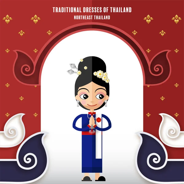 Cute Cartoon Characters Girl Traditional Dresses Thailand Thai Traditional Dance — Archivo Imágenes Vectoriales