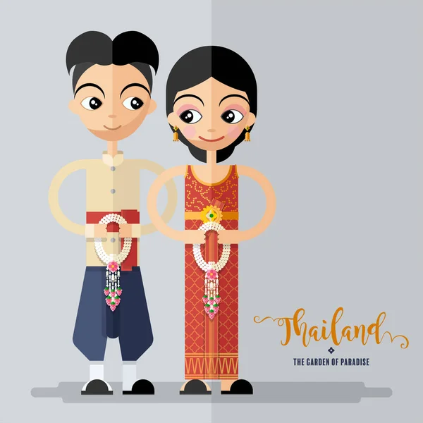 Bonito Personagens Desenhos Animados Menina Vestidos Tradicionais Tailandeses Tailandeses Traje — Vetor de Stock