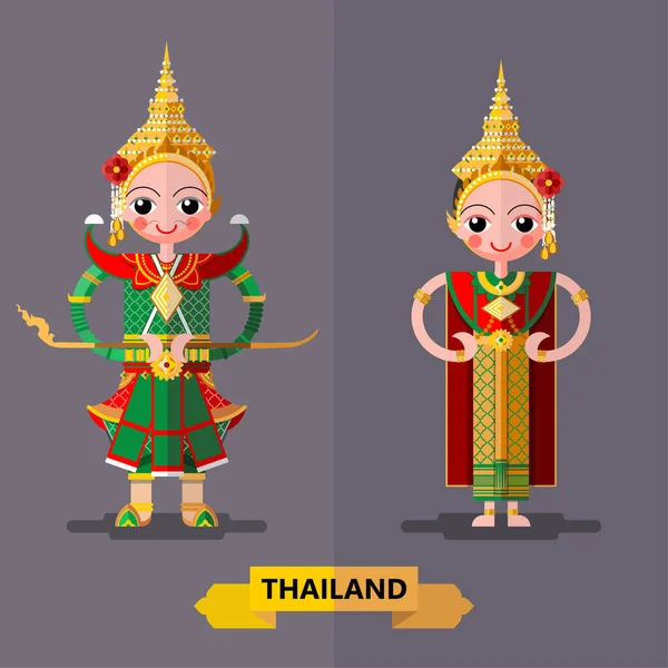 Mignon Personnages Bande Dessinée Fille Dans Les Robes Traditionnelles Thaïlande — Image vectorielle