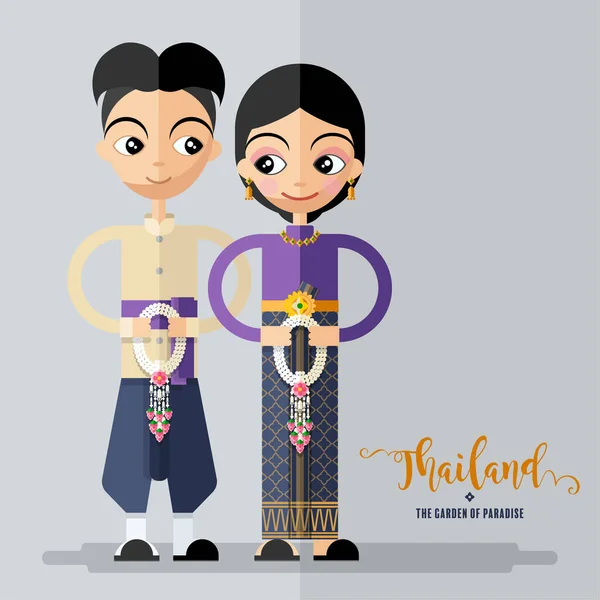 在纸背景上 穿着传统头饰或泰国人传统舞蹈服装的卡通人物女孩 以平面设计的色彩风格出现 — 图库矢量图片