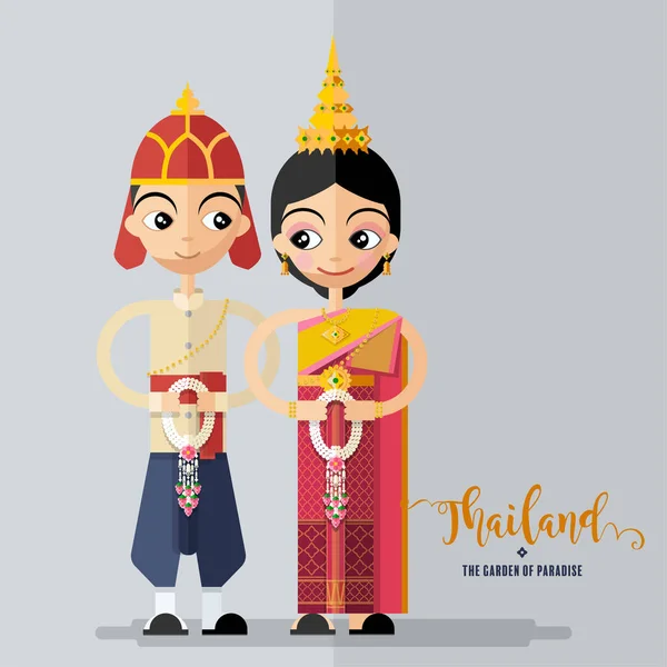 Mignon Personnages Bande Dessinée Fille Dans Les Robes Traditionnelles Thaïlande — Image vectorielle