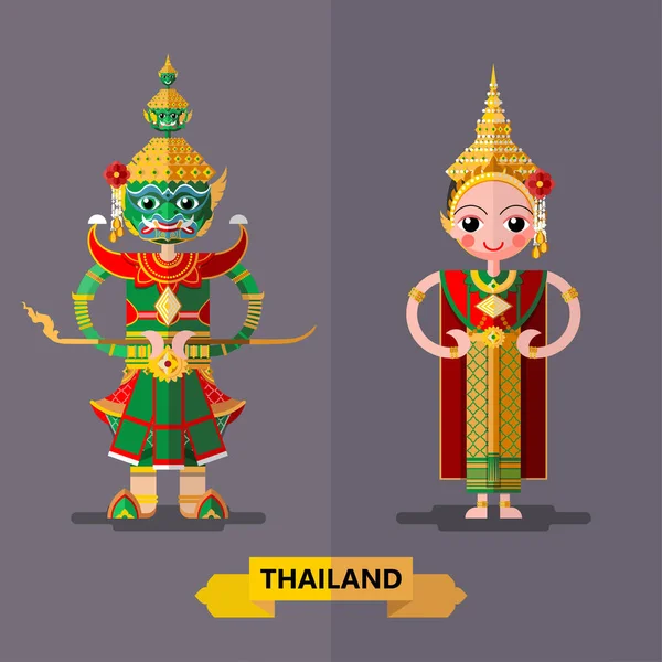 在纸背景上 穿着传统头饰或泰国人传统舞蹈服装的卡通人物女孩 以平面设计的色彩风格出现 — 图库矢量图片