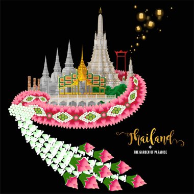 Tayland seyahati konsepti Tayland 'da ziyaret edilecek en güzel yerler düz tasarım renkleriyle.