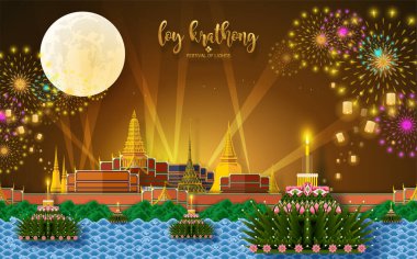 Loy Krathong Festivali düz stil. Tayca metin çevirisi: Düz stil içinde Loy Krathong Festivali