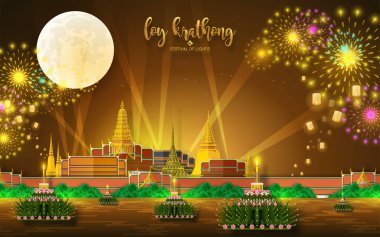 Loy Krathong Festivali düz stil. Tayca metin çevirisi: Düz stil içinde Loy Krathong Festivali