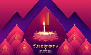 Loy Krathong Festivali düz stil. Tayca metin çevirisi: Düz stil içinde Loy Krathong Festivali
