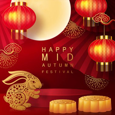 Tavşan ve ay ile Orta Sonbahar festivali, mooncake, çiçek, altın kağıt kesim tarzı çin fenerleri Arka plan. ( Çince Çeviri : Sonbahar Ortası Festivali )