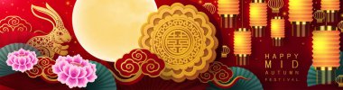 Tavşan ve ay ile Orta Sonbahar festivali, mooncake, çiçek, altın kağıt kesim tarzı çin fenerleri Arka plan. ( Çince Çeviri : Sonbahar Ortası Festivali )