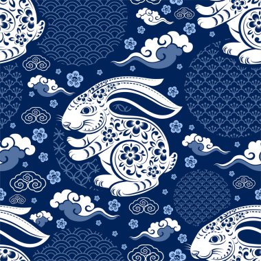 2023 Çin Yeni Yılı ya da sonbahar festivali ortasındaki Asya elementleriyle tavşan burcunun kusursuz şekli..