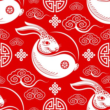 2023 Çin Yeni Yılı ya da sonbahar festivali ortasındaki Asya elementleriyle tavşan burcunun kusursuz şekli..