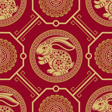 2023 Çin Yeni Yılı ya da sonbahar festivali ortasındaki Asya elementleriyle tavşan burcunun kusursuz şekli..