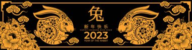 Mutlu Çin Yeni Yılı 2023. Tavşan Zodyak tabelası çiçek, fener, Asya elementleri altın rengi kağıt kesimi. Tercümesi: mutlu yıllar.)
