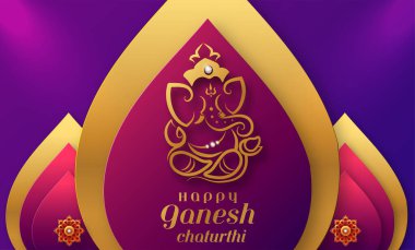 Happy ganesh chaturthi greetings with golden shiny lord ganesha most famous festivals in india with patterned and crystals on paper color background.