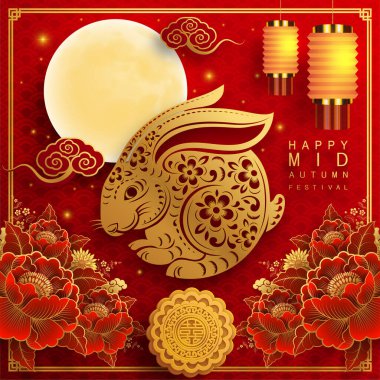 Tavşan ve ay ile Orta Sonbahar festivali, mooncake, çiçek, altın kağıt kesim tarzı çin fenerleri Arka plan. ( Çince Çeviri : Sonbahar Ortası Festivali )