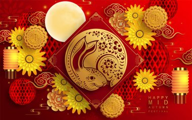Mid Autumn festival with rabbit and moon mooncake flower chinese lanterns.