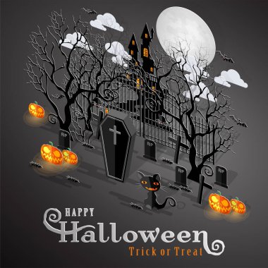 Happy Halloween Sale Poster. Vector illustration in flat design and isometric paper cut pop-up style.