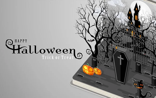Happy Halloween Sale Poster Vector Illustration Flat Design Isometric Paper — Stock Vector