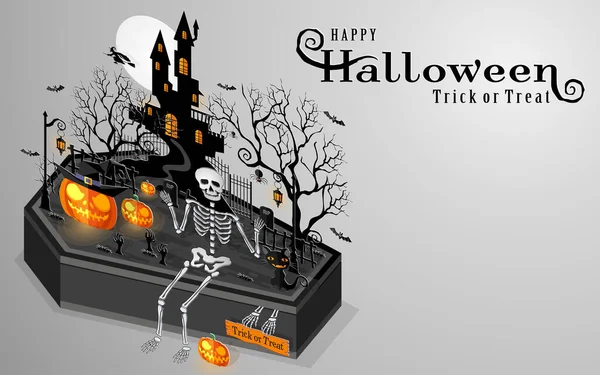 Happy Halloween Sale Poster Vector Illustration Flat Design Isometric Paper — Stock Vector