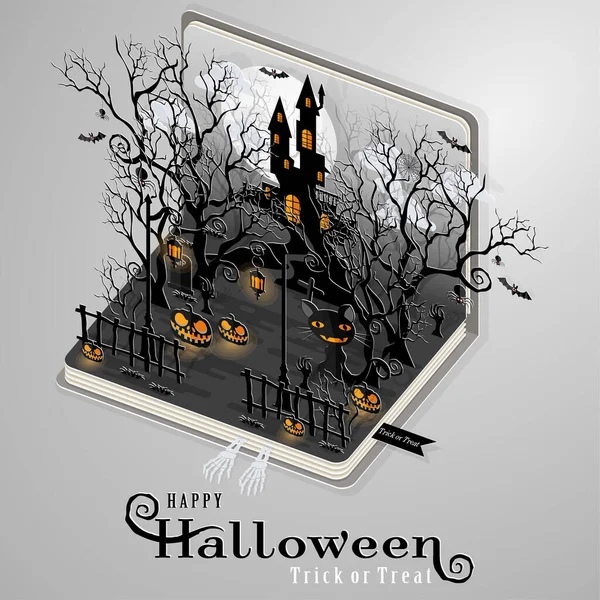 Happy Halloween Sale Poster Vector Illustration Flat Design Isometric Paper — Stock Vector