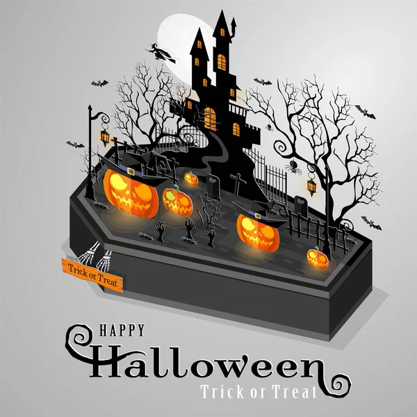 Happy Halloween Sale Poster Vector Illustration Flat Design Isometric Paper — Stock Vector